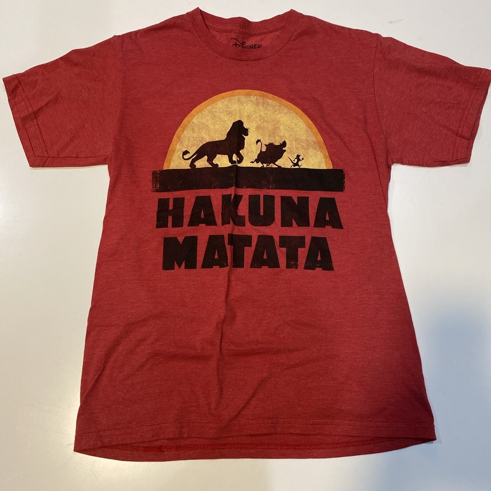 Disney Lion King T Shirt- Hakuna Matata with Simba, Timon & Pumba - Red - Small
